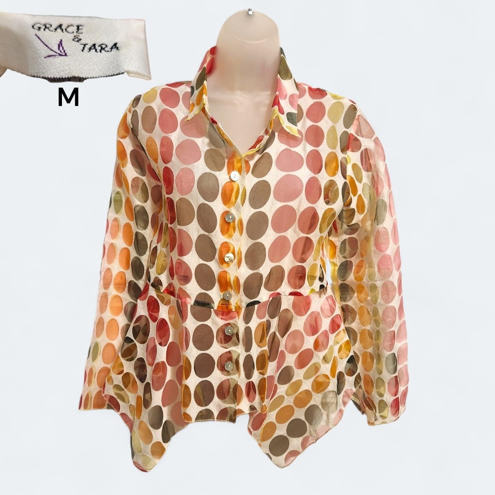 Vintage Y2k 90s Sheer Polka Dot Blouse Tunic Lagenlook Artsy Top USA Medium